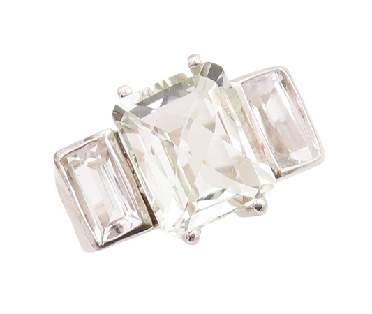 925 Sterling Silver Vintage Ring Rectangle Green Amethyst & Topaz  Sz 8  RG30012