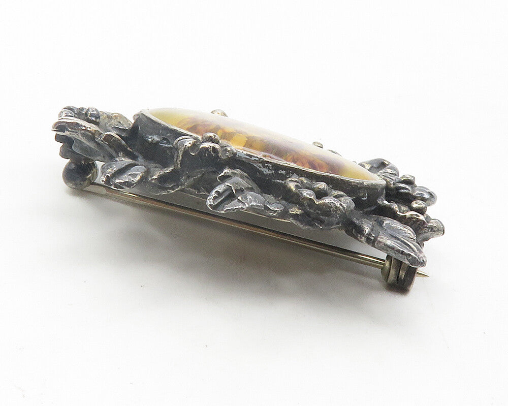 MEXICO 925 Silver  Vintage Flower Glass Art Floral Wreath Brooch Pin  BP4447