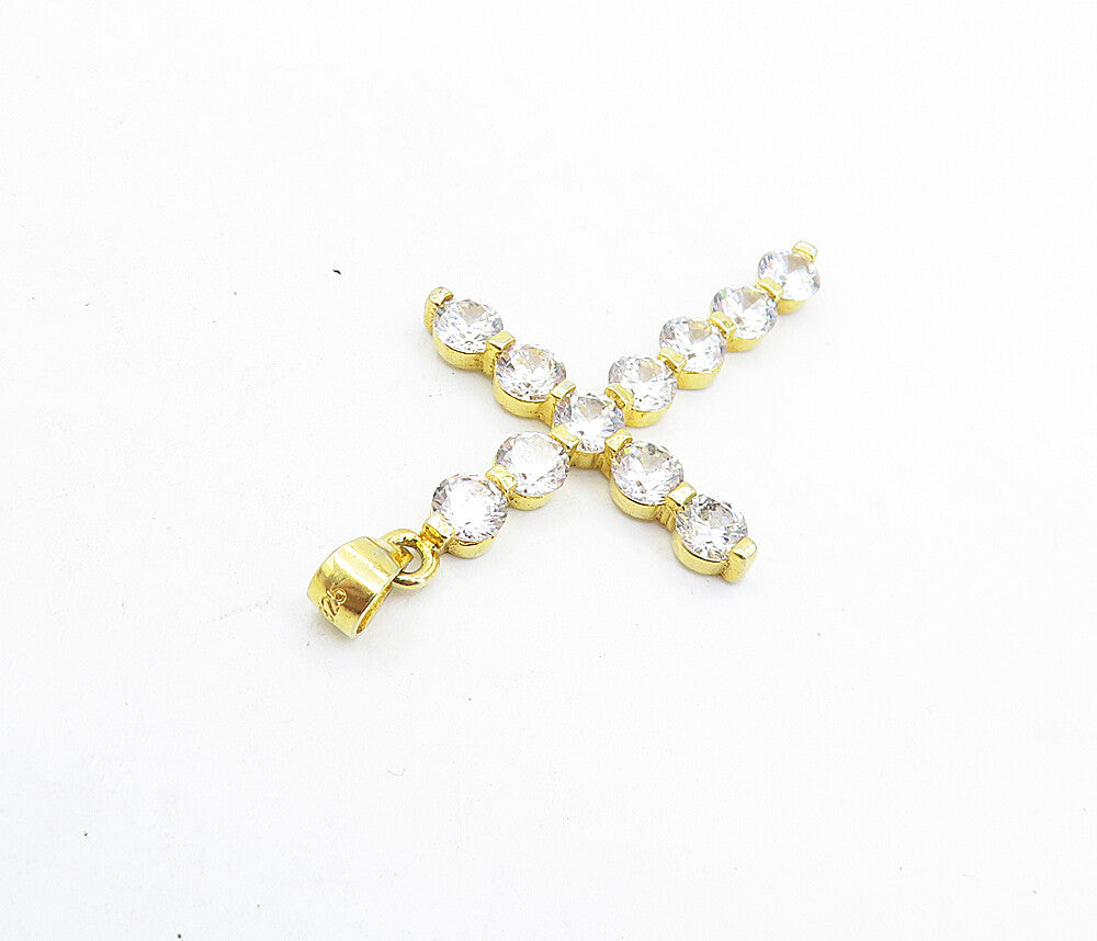 925 Sterling Silver  Cubic Zirconia Gold Plated Religious Cross Pendant PT4631