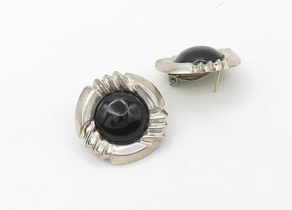925 Silver & 14K GOLD  Vintage Black Onyx Non Pierce Drop Earrings  EG10650