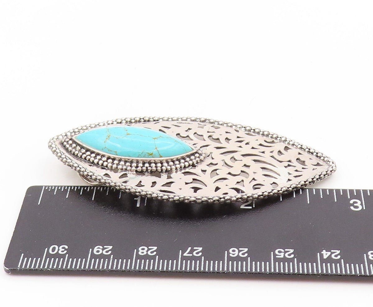 925 Sterling Silver Vintage Pendant Marquise Cut Turquoise Openwork Leaf PT25842