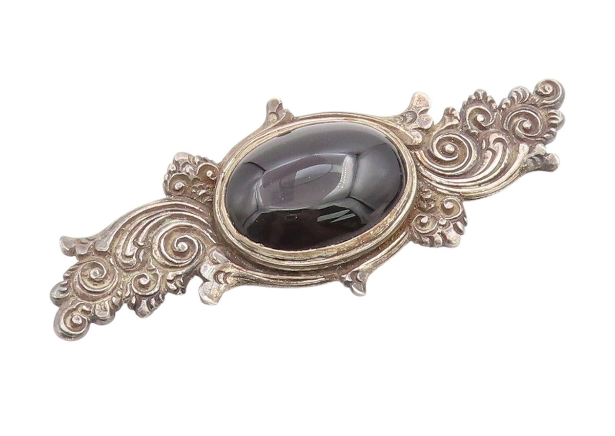 925 Sterling Silver Vintage Brooch Cabochon Onyx Etched Bali Floral Pin  BP12000