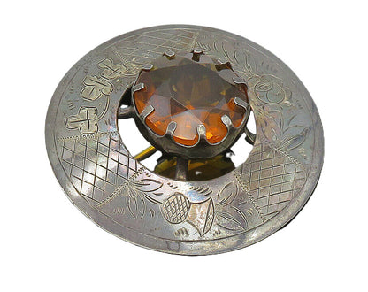 925 Silver  Vintage Faceted Citrine Floral Etched Detail Brooch Pin  BP7850