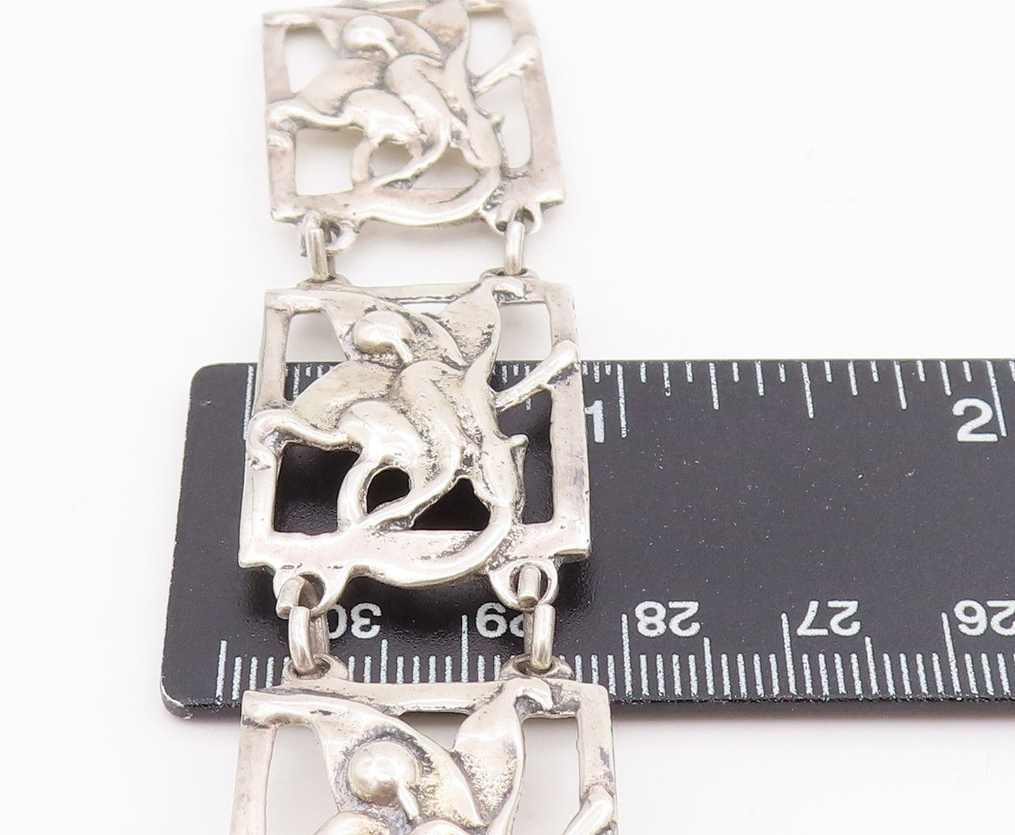 925 Sterling Silver Vintage Bracelet Antique Openwork Floral Panel Link  BT11632