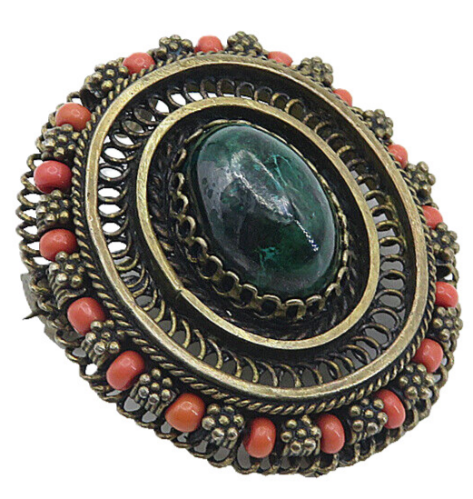 ISRAEL 925 Sterling Silver  Vintage Eilat & Coral Floral Brooch Pin  BP2940