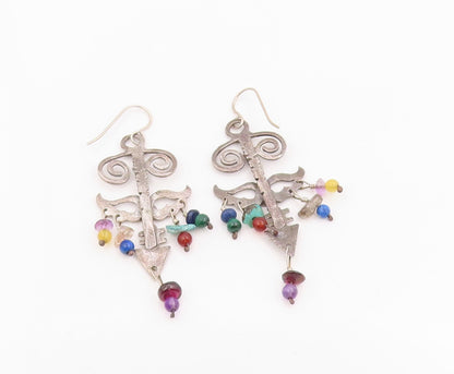 925 Sterling Silver Vintage Earrings Multi Gemstone Tribal Sword Dangle  EG14002