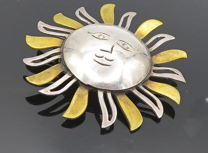 MEXICO 925 Sterling Silver  Vintage 2 Tone Etched Sun Face Brooch Pin  BP3119