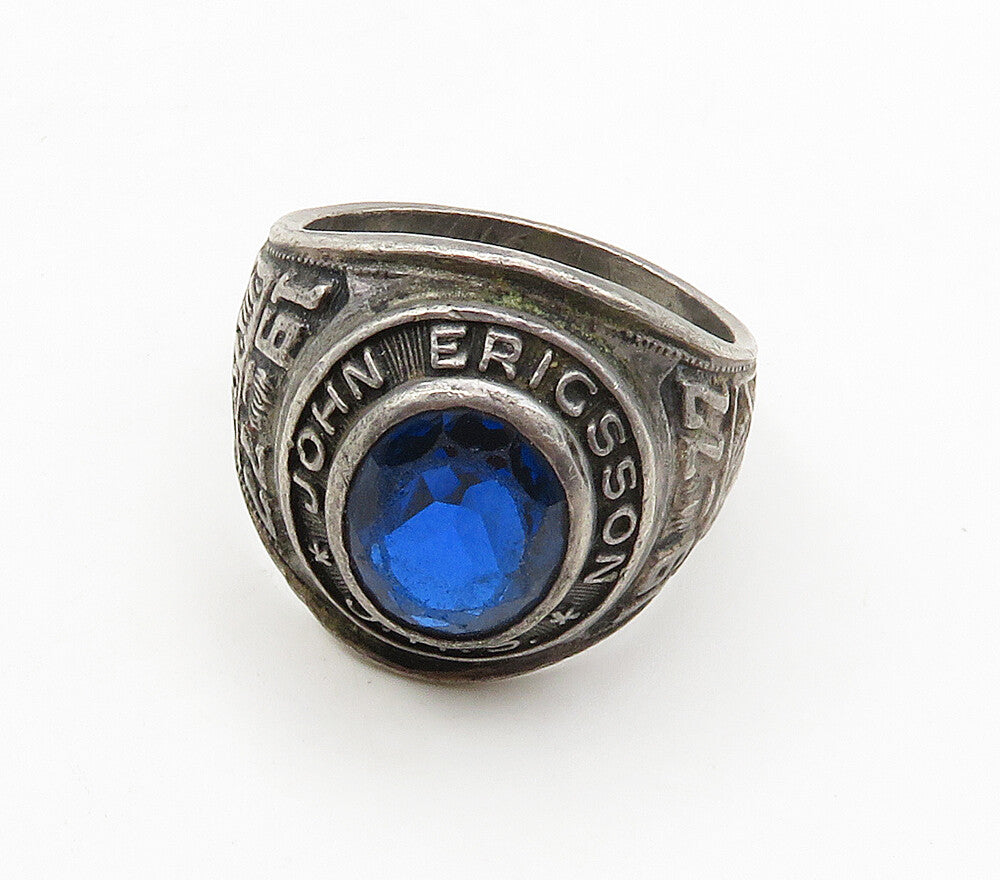 925 Silver  Vintage Blue Topaz John Ericsson JHS 1977 Class Ring Sz 9  RG15969
