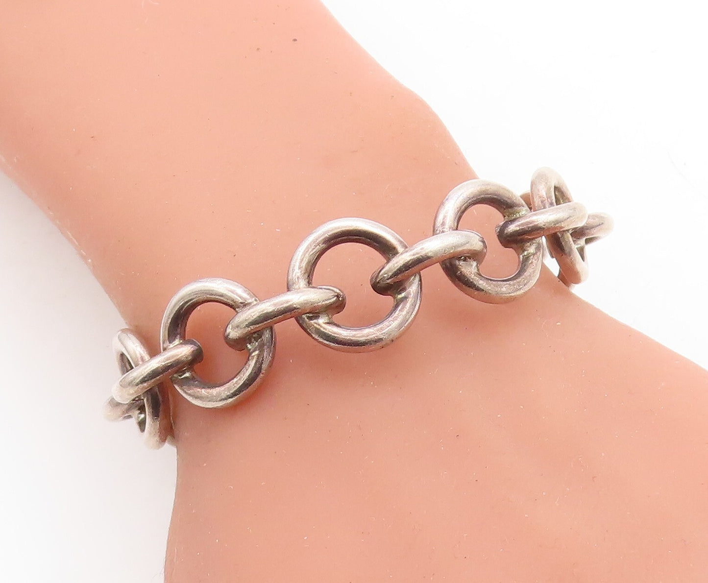 925 Sterling Silver Vintage Shiny Round Macaroni Link Cuff Bracelet BT2060