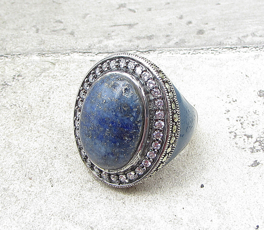 925 Sterling Silver Lapis Lazuli Topaz& Marcasite Cocktail Ring Sz 6.5 RG1656