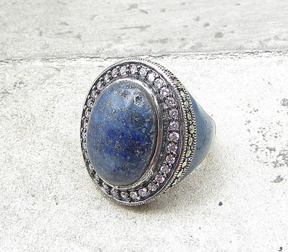 925 Sterling Silver Lapis Lazuli Topaz& Marcasite Cocktail Ring Sz 6.5 RG1656