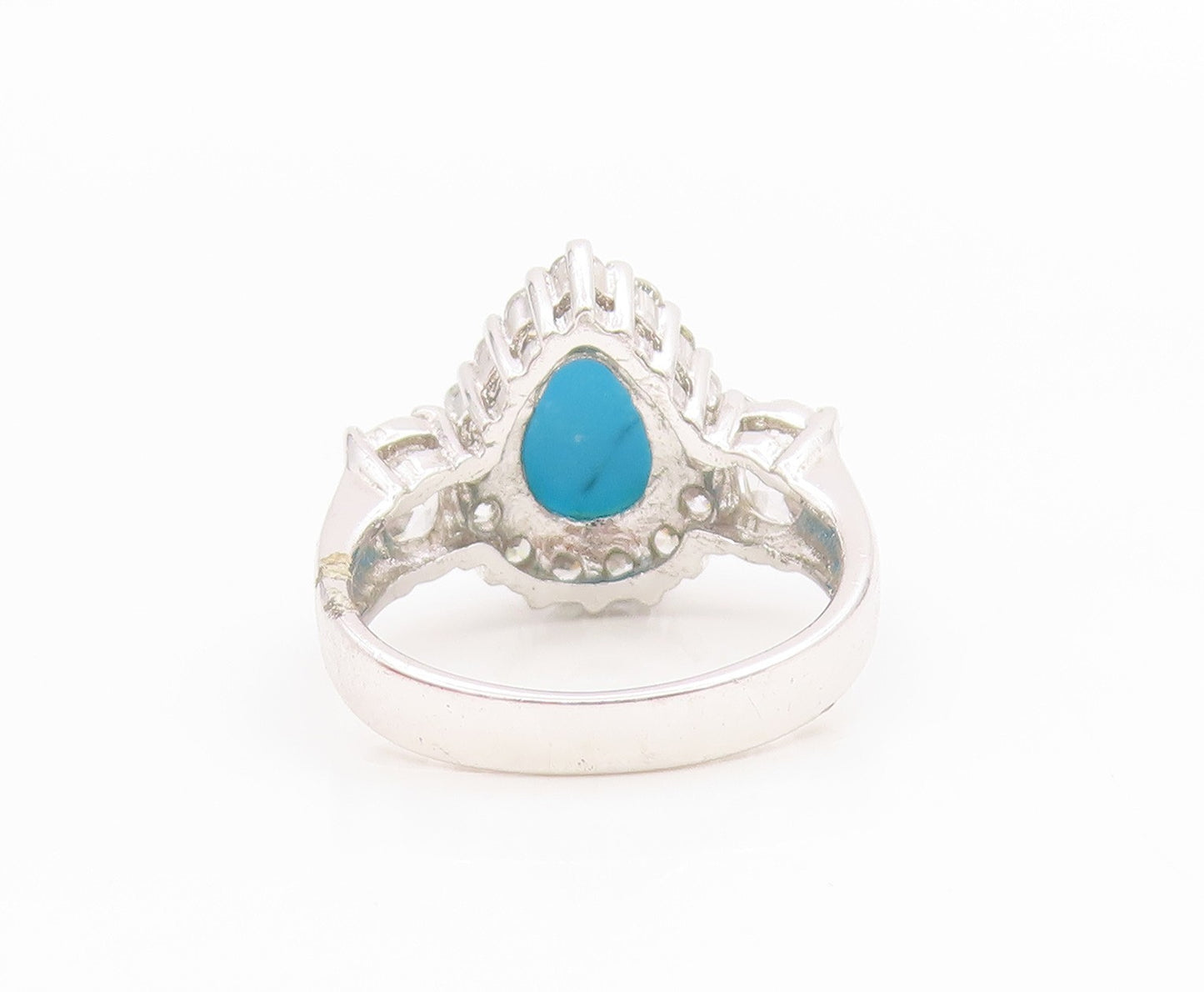 925 Sterling Silver Vintage Ring Pear Cut Turquoise Halo CZ Band  Sz 6  RG34622