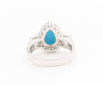 925 Sterling Silver Vintage Ring Pear Cut Turquoise Halo CZ Band  Sz 6  RG34622