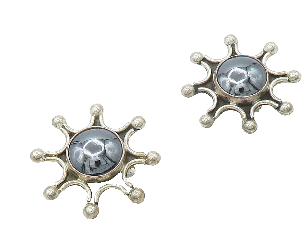 MEXICO 925 Silver  Vintage Hematite Sun Motif Non Pierce Earrings  EG8308