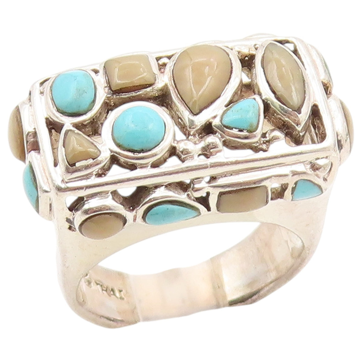 925 Sterling Silver Vintage Ring Turquoise Wide Openwork Band  Sz 6.5  RG36506