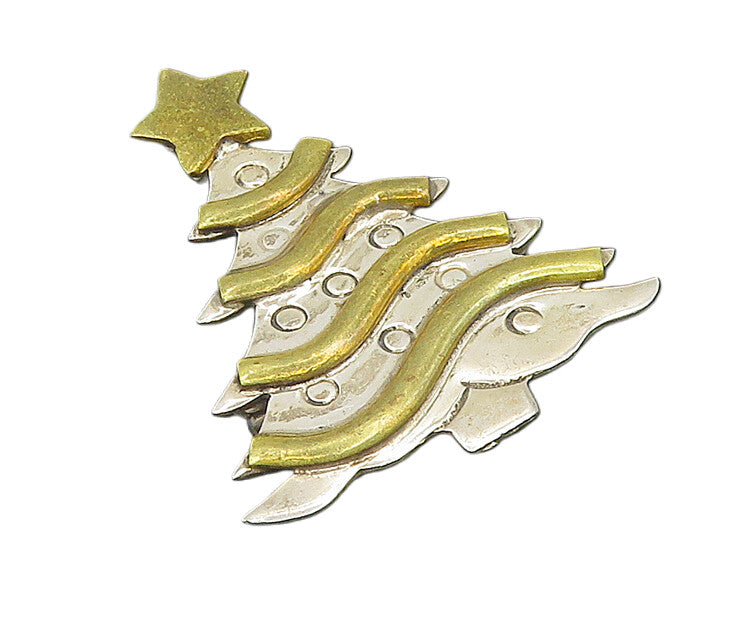 MEXICO 925 Sterling Silver  Vintage Two Tone Christmas Tree Brooch Pin  BP7404