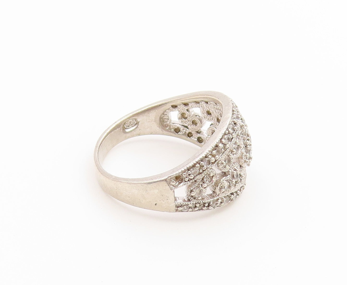 925 Sterling Silver Vintage Ring CZ Open Floral Statement Band  Sz 8  RG36885