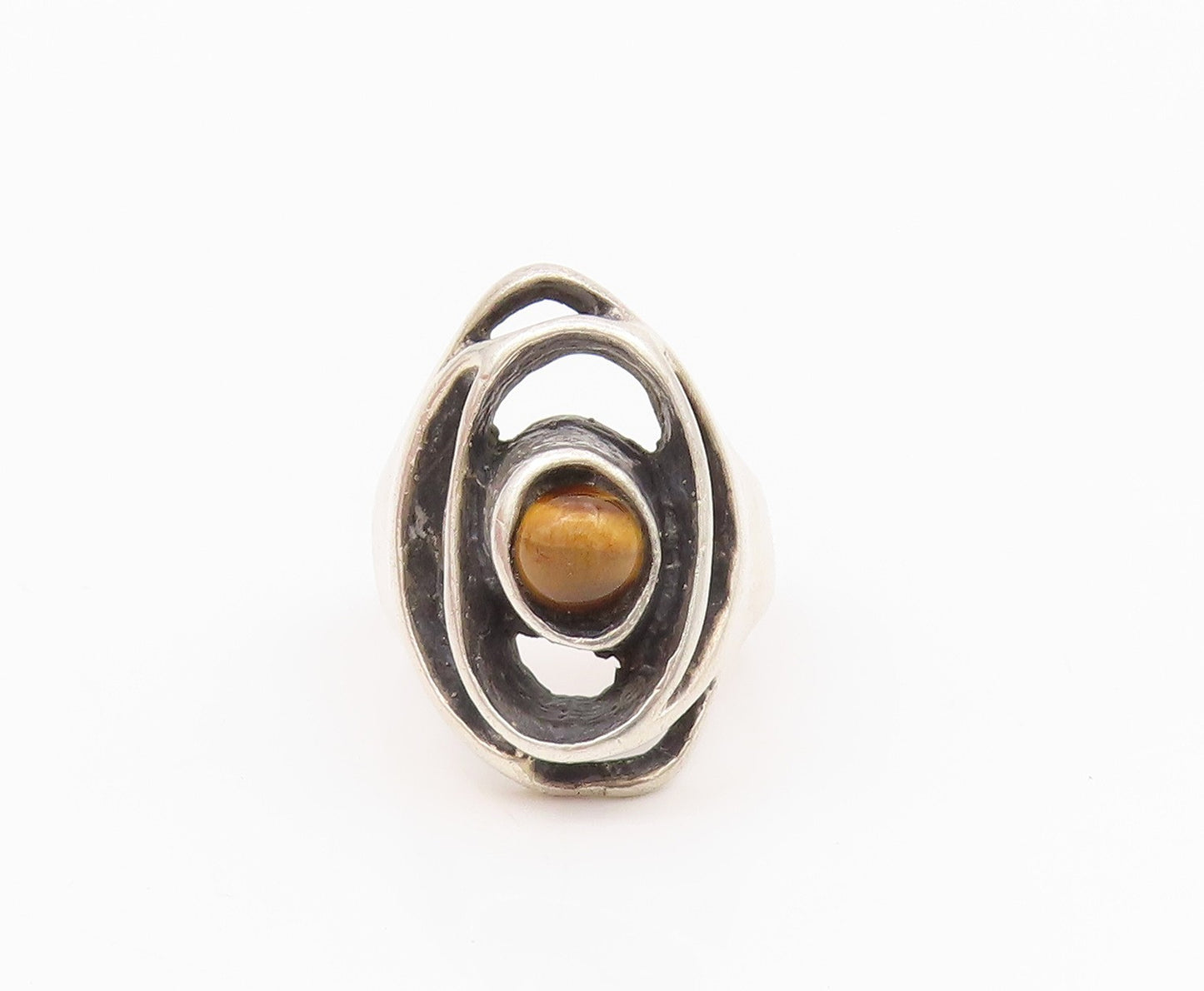 925 Sterling Silver Vintage Ring Dark Tone Brutalist Tiger's Eye  Sz 7  RG33033