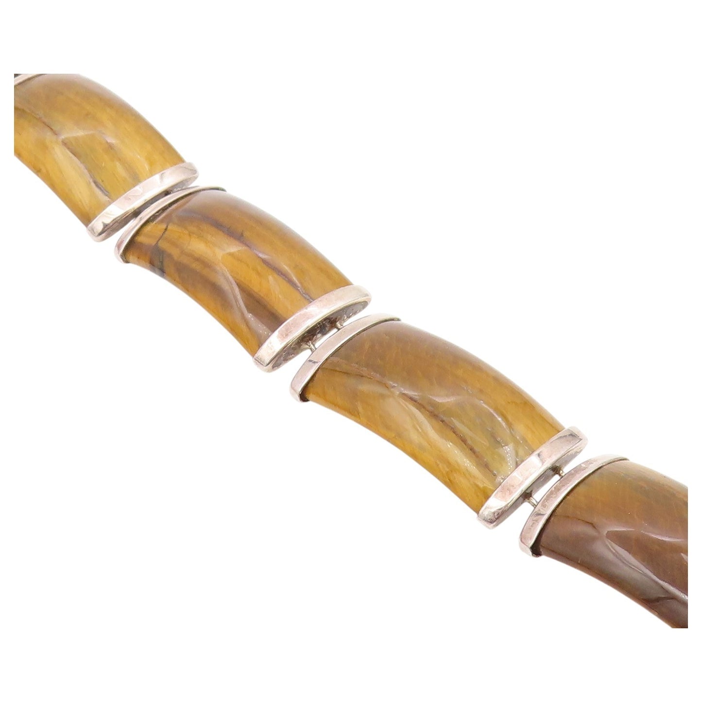 925 Sterling Silver Vintage Bracelet Tiger's Eye Curved Panel Link  BT12182