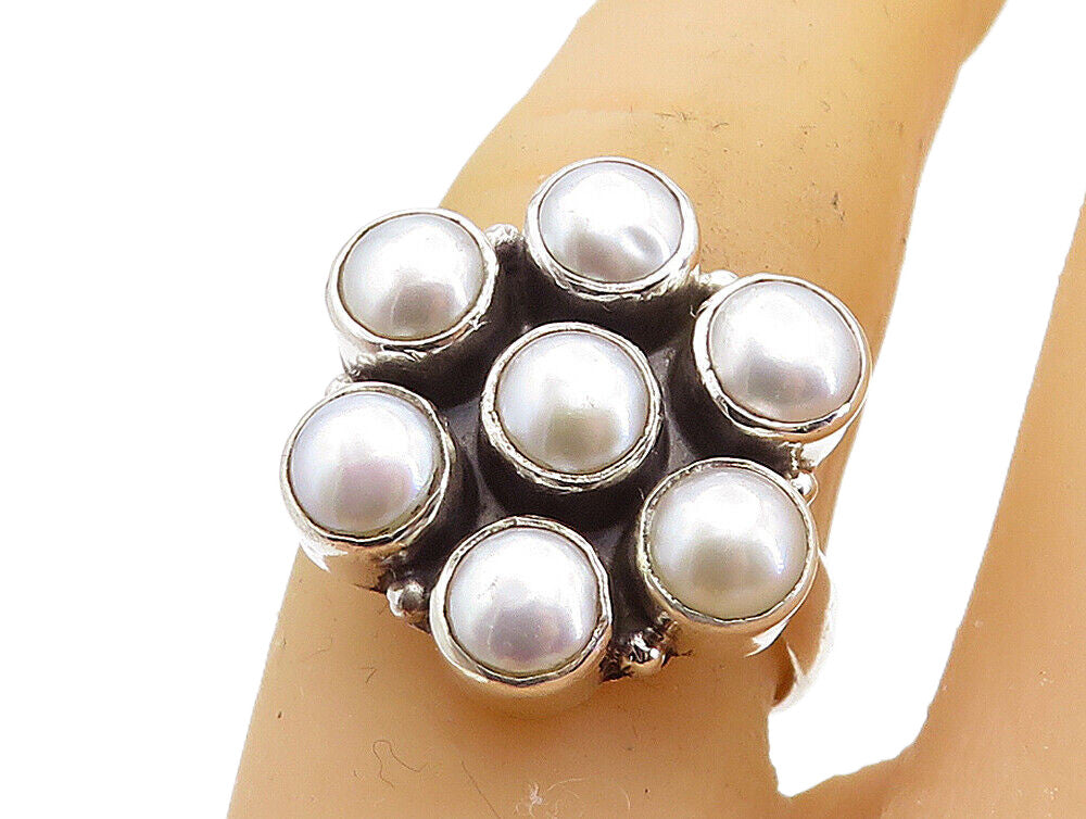 925 Sterling Silver  Freshwater Pearls Floral Style Cocktail Ring Sz 7  RG8090