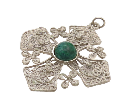 ISRAEL 925 Silver  Vintage Filigree  Swirl Chrysocolla Cross Pendant PT22121