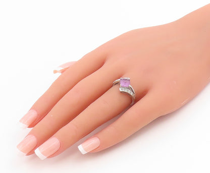 925 Sterling Silver Vintage Ring Real Diamonds & Amethyst Bypass  Sz 6  RG34874