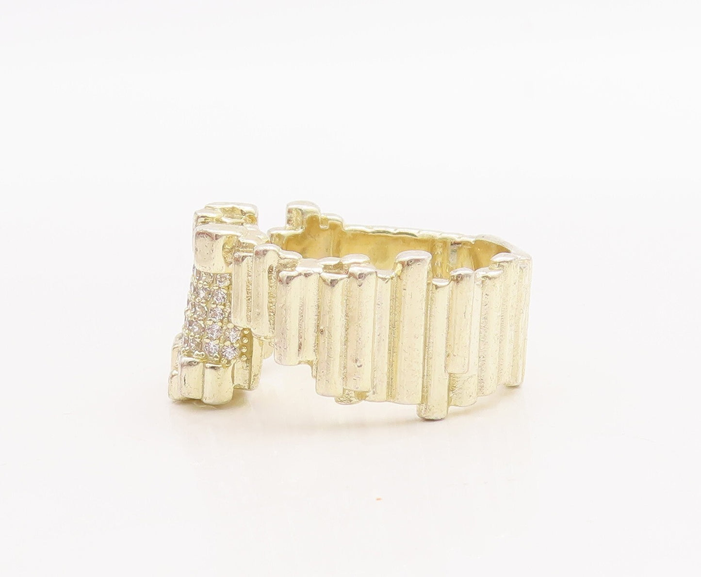 925 Sterling Silver Vintage Ring Solid Brutalist CZ Wood Cut  Sz 7.5  RG28968