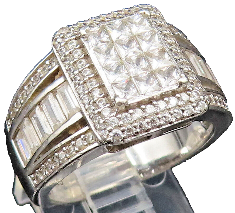 925 Silver  Vintage Emerald Frame Cubic Zirconia Band Ring Sz 8  RG25582