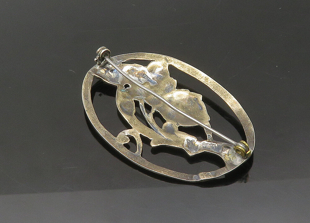 925 Sterling Silver  Vintage Dark Tone Floral Motif Oval Brooch Pin  BP8650