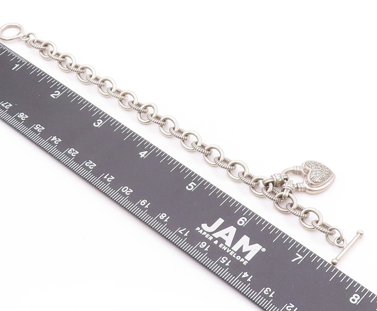 925 Sterling Silver Vintage Bracelet Roped Rings Dangling Diamonds Heart BT11250
