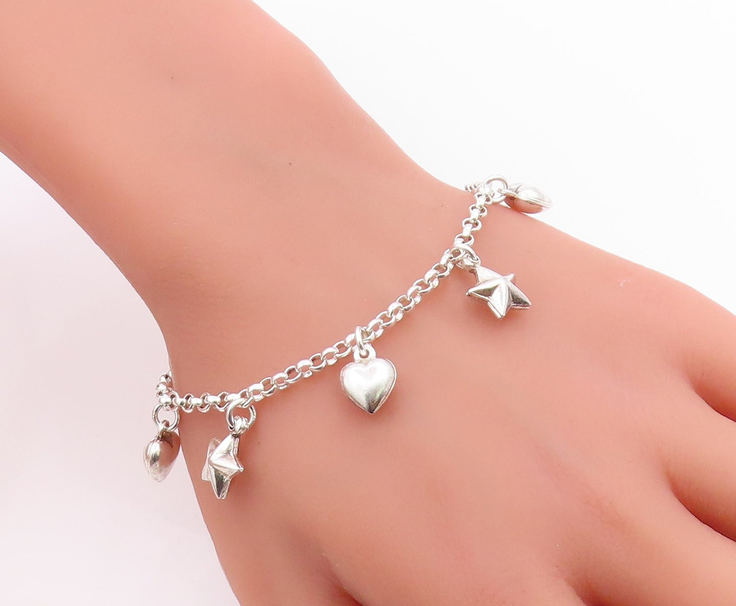 925 Sterling Silver Vintage Bracelet Modernist Love Heart & Star Dangle  BT12047