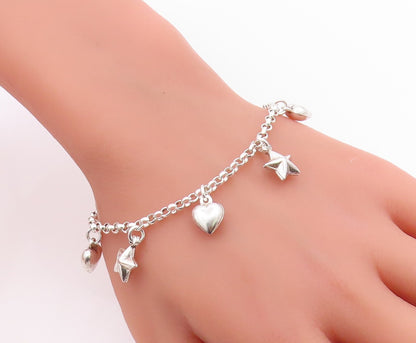 925 Sterling Silver Vintage Bracelet Modernist Love Heart & Star Dangle  BT12047