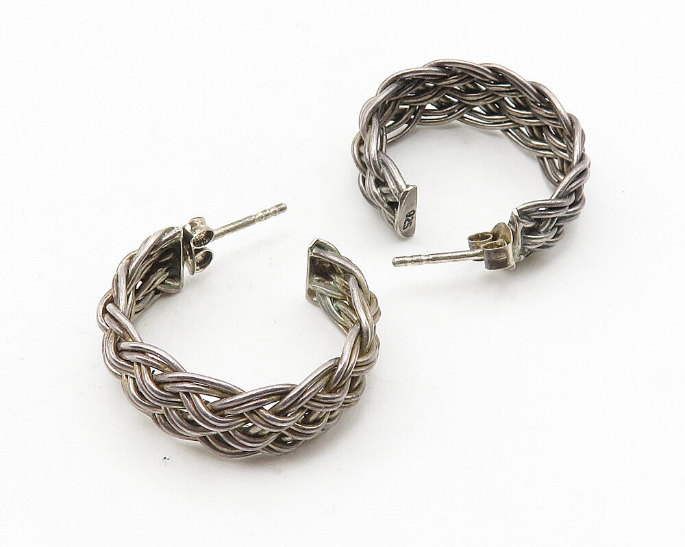 925 Sterling Silver  Vintage Dark Tone Braided Weaved Hoop Earrings  EG5770