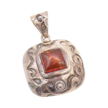 925 Sterling Silver Vintage Pendant SILPADA Swirly Carved Honey Amber  PT24198