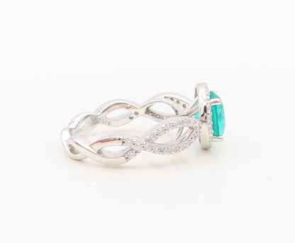 925 Sterling Silver Vintage Ring Designer Round Sea Green White CZ Sz 7 RG30368