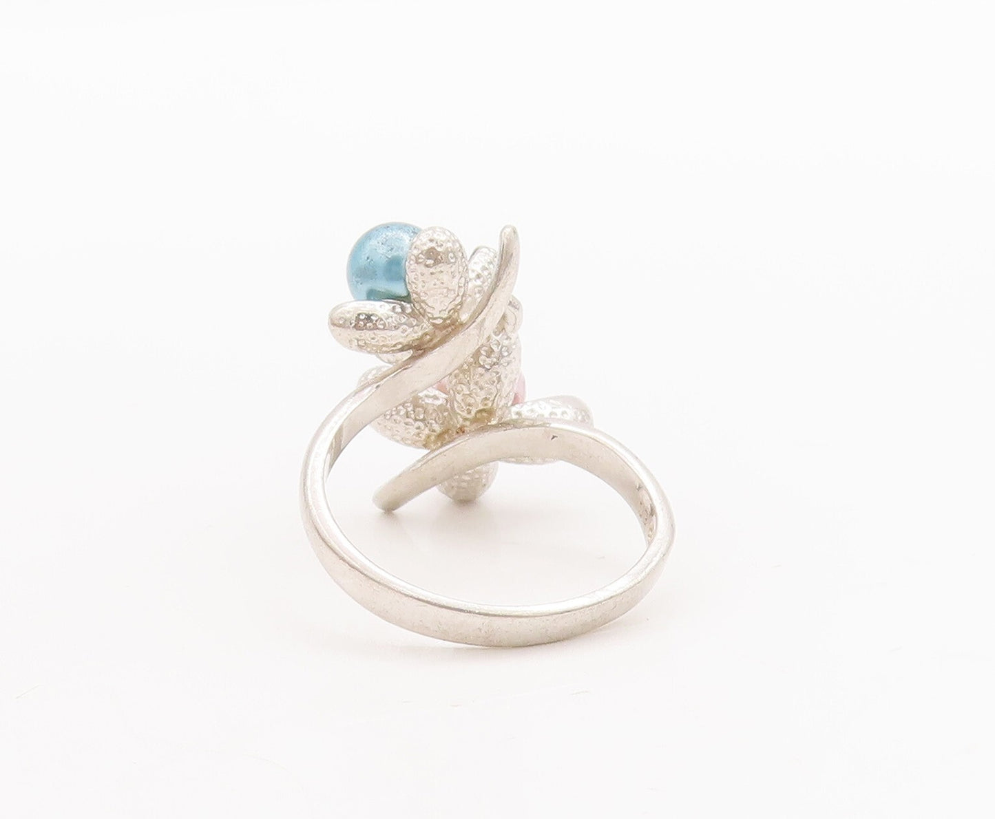 925 Sterling Silver Vintage Ring Blue & Pink Pearl Beaded Flowers  Sz 9  RG28981