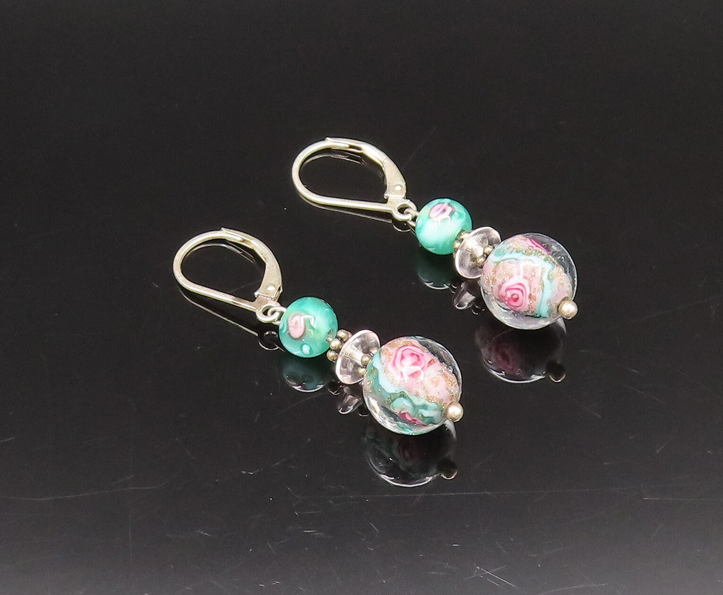 925 Silver  Vintage Beautiful Floral Bead Glass Art Dangle Earrings  EG12270