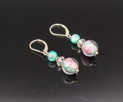 925 Silver  Vintage Beautiful Floral Bead Glass Art Dangle Earrings  EG12270