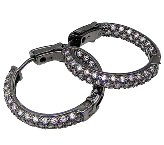 925 Sterling Silver  White Cubic Zirconia Dark Tone Hoop Earrings  EG1441
