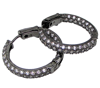 925 Sterling Silver  White Cubic Zirconia Dark Tone Hoop Earrings  EG1441