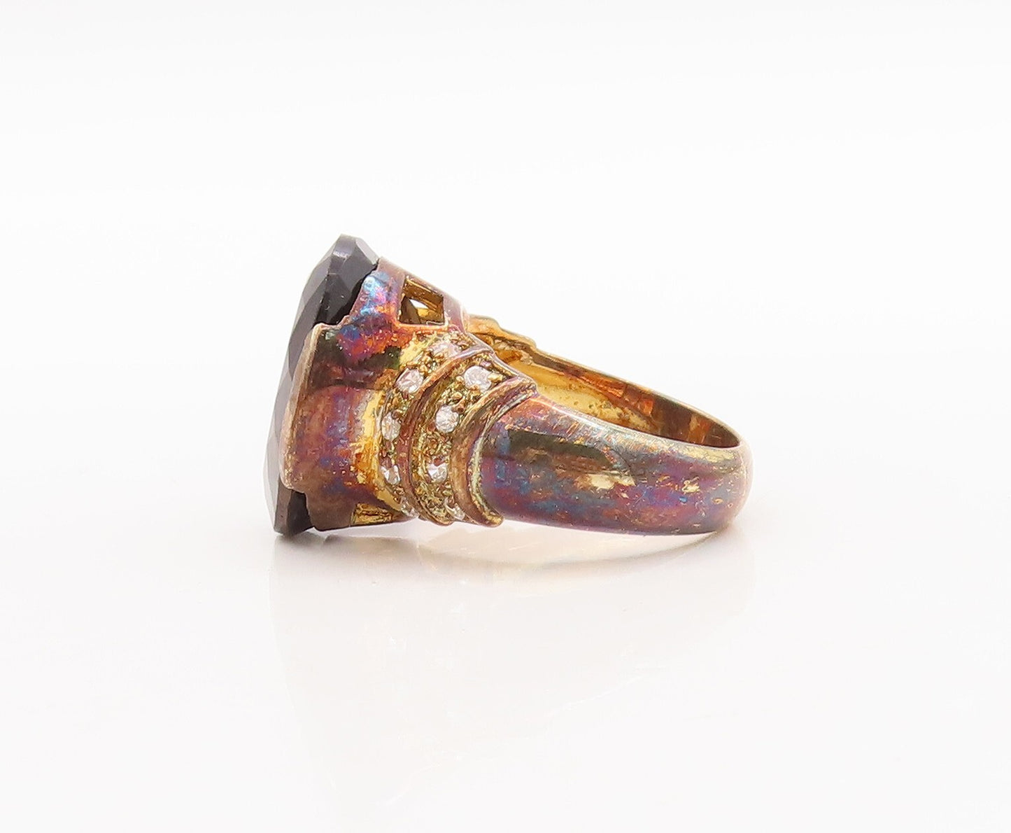 925 Sterling Silver Vintage Ring Gold Plated Smoky Quartz & Topaz  Sz 7  RG29874