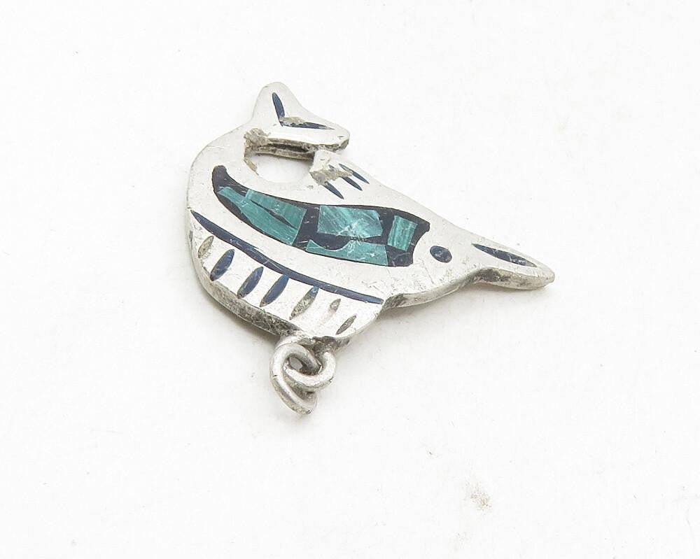 925 Sterling Silver  Vintage Malachite Mosaic Fish Motif Drop Pendant  PT7832