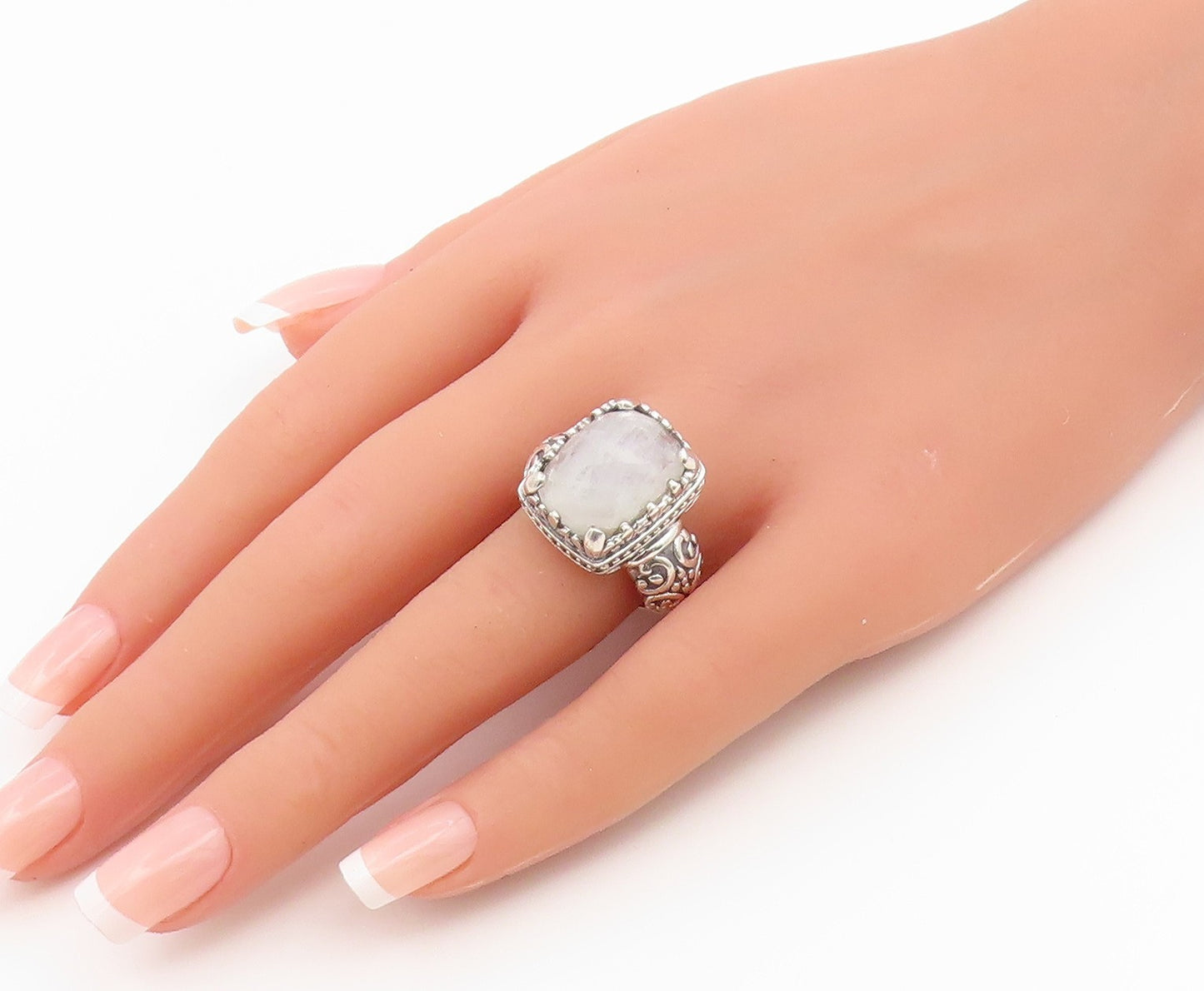 925 Sterling Silver Vintage Ring Faceted Moonstone Statement Band  Sz 8  RG36796