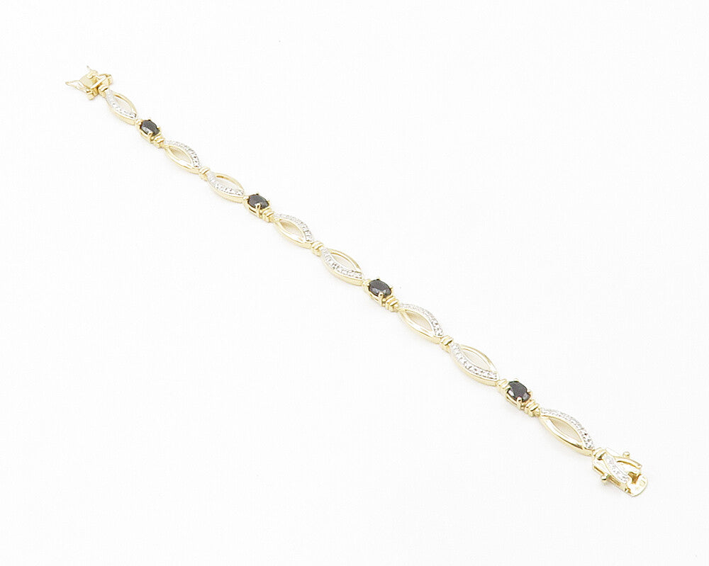 925 Sterling Silver  Genuine Diamond & Sapphire Shiny Chain Bracelet  BT5458