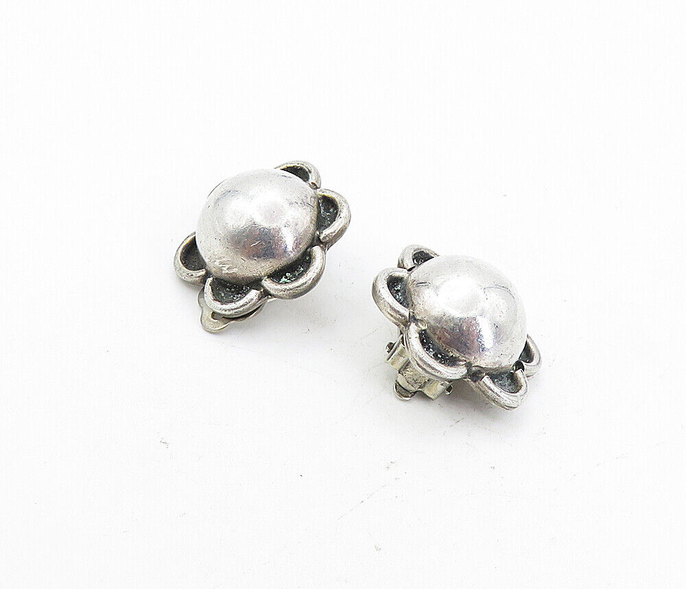 MEXICO 925 Sterling Silver  Vintage Smooth Flower Non Pierce Earrings  EG4240