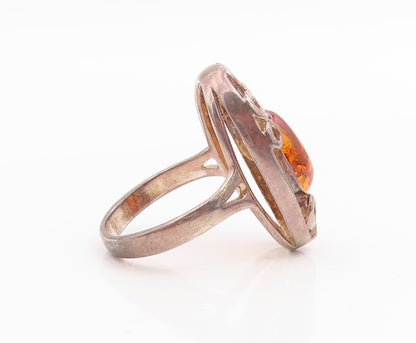 925 Sterling Silver Vintage Ring Cabochon Amber Circles Cutout Band Sz 7 RG35726