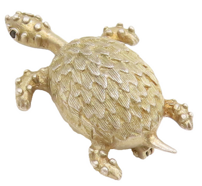 EUROPE 925 Silver  Vintage Gold Plated Carved Beaded Turtle Brooch Pin BP10306