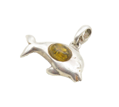 925 Sterling Silver  Vintage Cabochon Cut Amber Dolphin Motif Pendant  PT7721