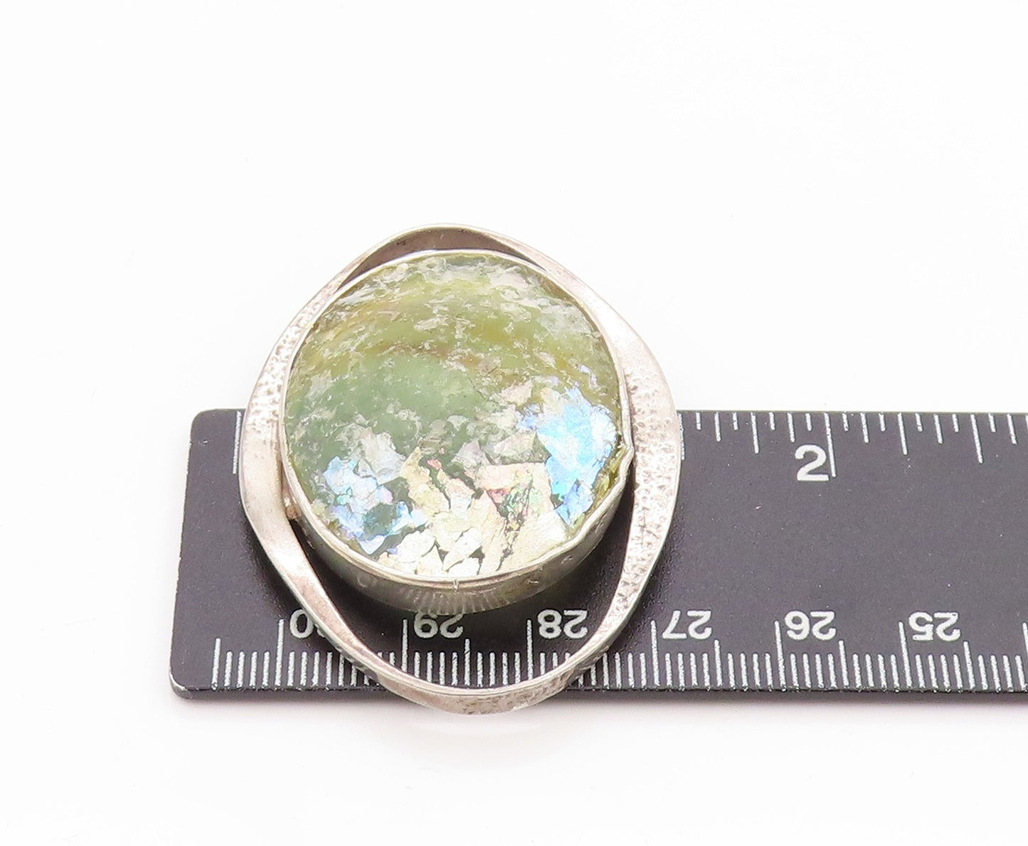 925 Sterling Silver Vintage Pendant Modernist Large Oval Roman Glass  PT24707