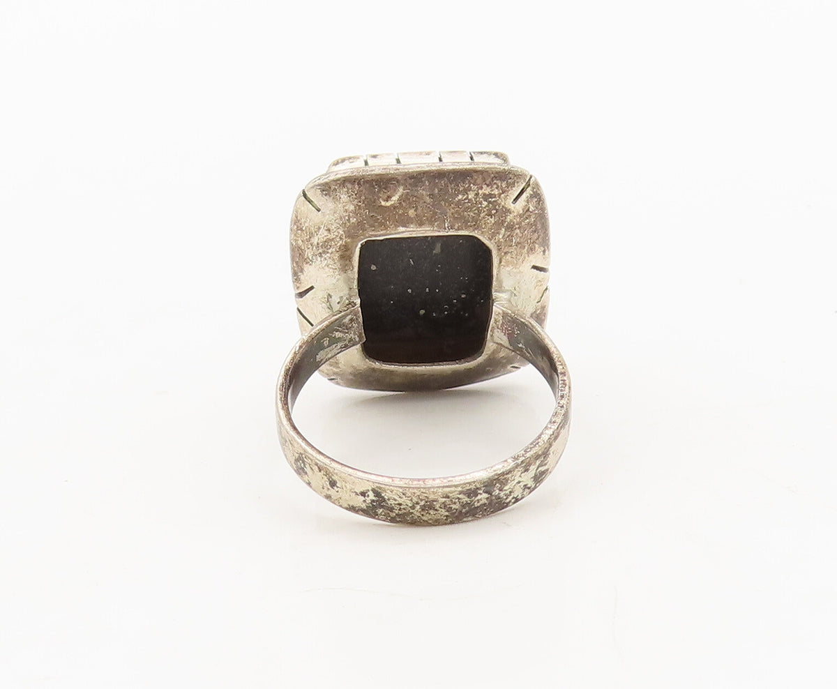 925 Silver  Vintage Onyx & Lapis Lazuli Grid box Rectangle Ring Sz 6  RG27090